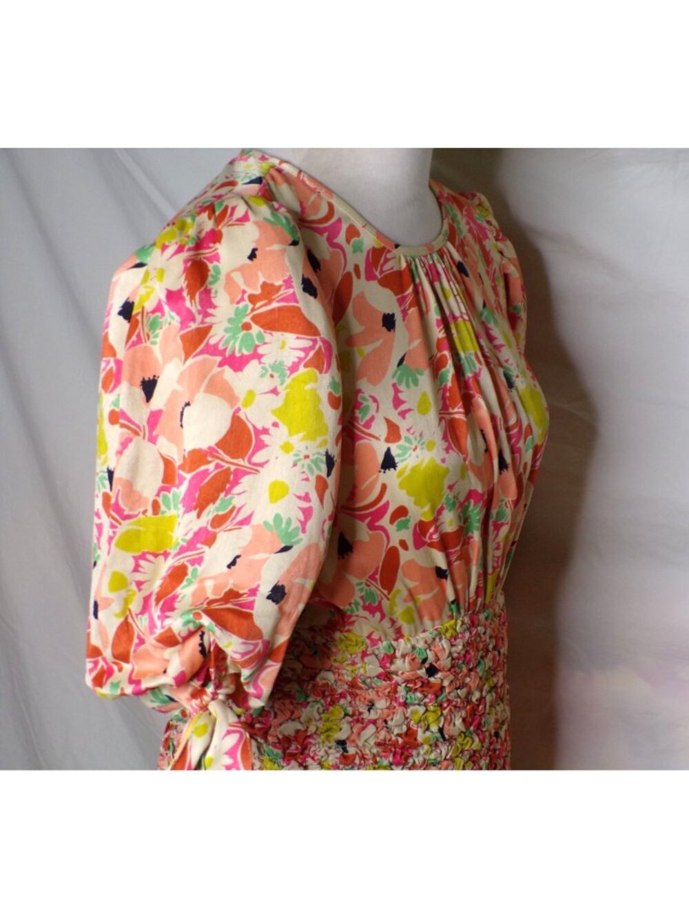 🆕 By TiMo Shirred Smocked Ruffle Crepe Satin Mini Dress Floral Medium - Picture 15 of 16